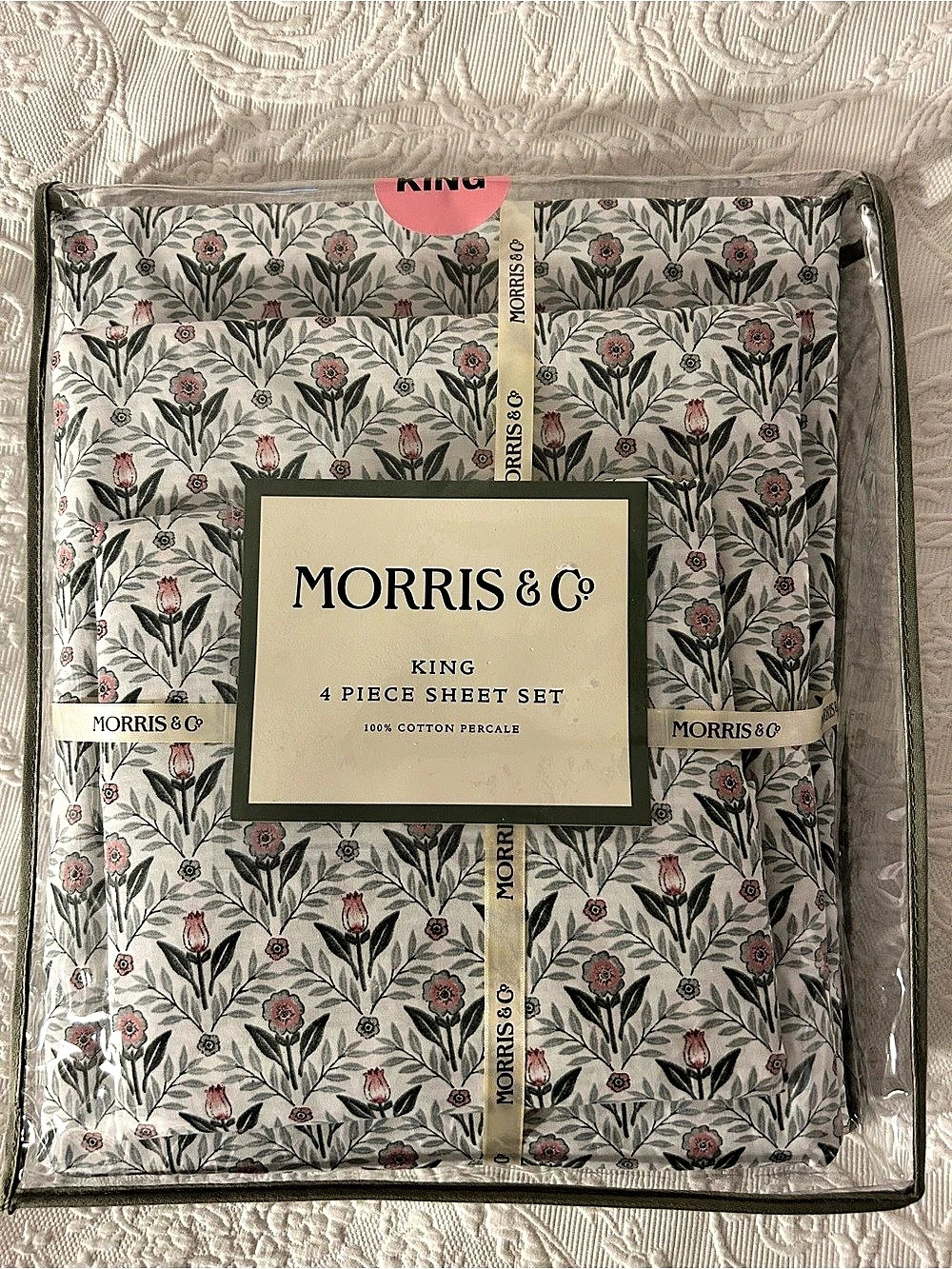 Morris & Co. Tulip & Rose King 4 Piece Sheet Floral Pink Green Leaf New NWT